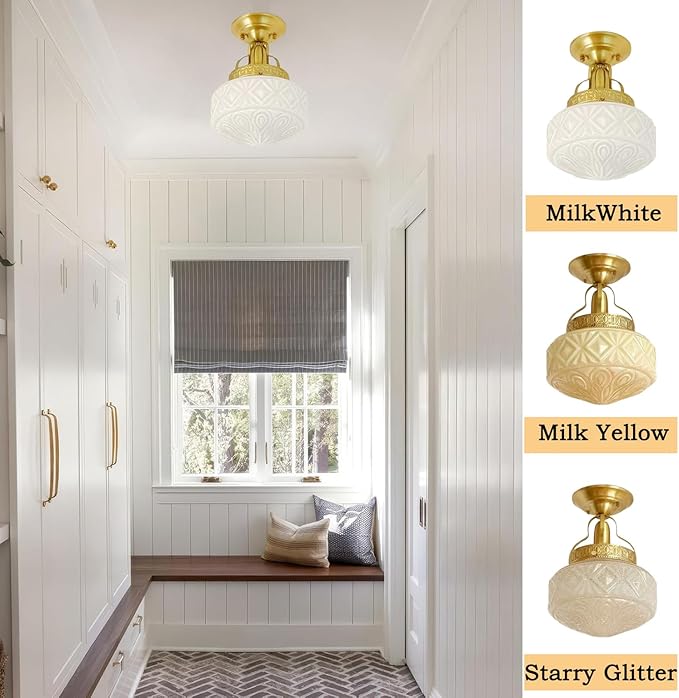 Bofea-Gold Semi Flush Mount Ceiling Light,Brass Vintage Flush Mounted Ceiling Lighting with Milk White Glass Shade, Mid-Century Style Ceiling Light Fixture for Hallway Foyer Loft Bathroom Bedroom. (A)