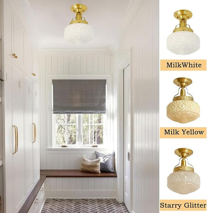 Bofea-Gold Semi Flush Mount Ceiling Light,Brass Vintage Flush Mounted Ceiling Lighting with Milk White Glass Shade, Mid-Century Style Ceiling Light Fixture for Hallway Foyer Loft Bathroom Bedroom. (A)