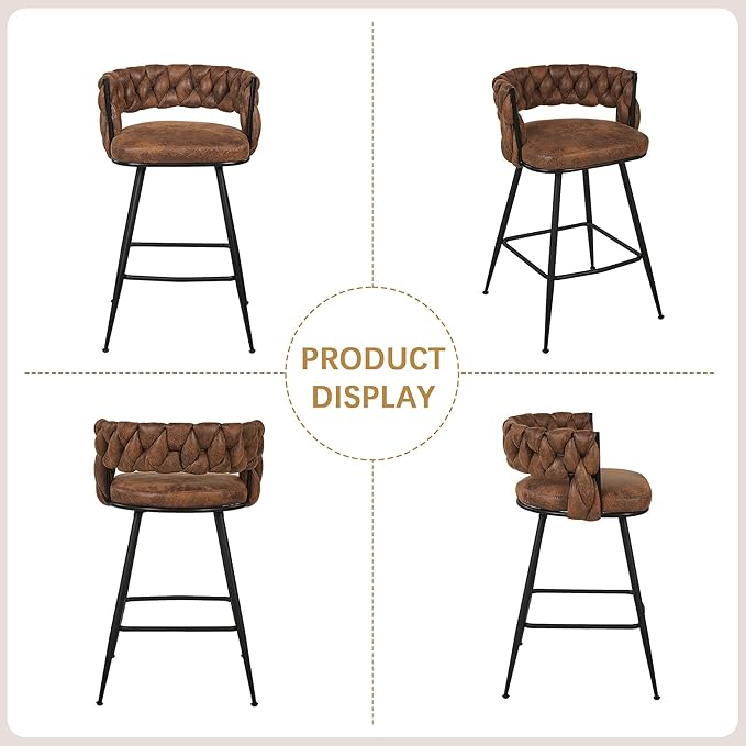 VECELO Bar Stools Set of 2, Counter Height Bar Stools, 26 inch Seat Barstools with Woven Back and Footrest for Kitchen Island Counter, Brown