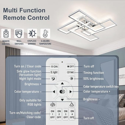 Dimmable Modern LED Ceiling Light, 4-Square Modern Ceiling Lighting for Living Room with Remote Control 26In Chrome Bedroom Ceiling Lights Fixures for Kitchen, Bathroom, Dining Room