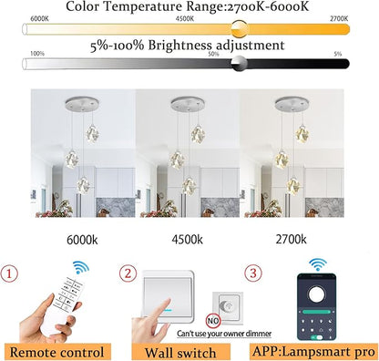 Silver Pendant Light Dimmable LED 3-Light Modern Pendant Light Kitchen Island Dining Room Bar