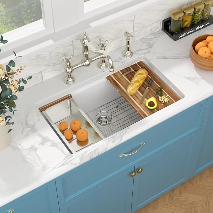 Sarlai 33 Granite Composite Kitchen Sink - 33 x 19 Inch Granite Undermount Kitchen Sink Ledge Workstation Under-Mount White Quartz Classic Single Bowl Sinks Under Counter Basin With Accessories