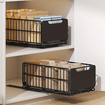 Pull Out Cabinet Organizer Fixed with Adhesive Nano Film, 1 Pack Sliding Mesh Cabinet Basket with Handle, Heavy Duty Slide out Pantry Shelves Drawer Storage for Home, Kitchen, Bathroom, Black