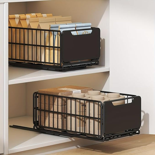 Pull Out Cabinet Organizer Fixed with Adhesive Nano Film, 1 Pack Sliding Mesh Cabinet Basket with Handle, Heavy Duty Slide out Pantry Shelves Drawer Storage for Home, Kitchen, Bathroom, Black