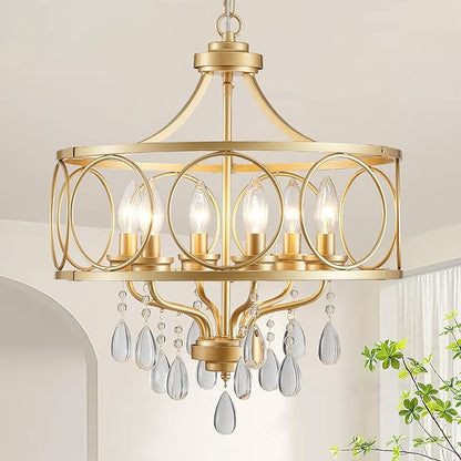 6-Light Modern Gold Crystal Chandelier, 17.7" Farmhouse Ceiling Light Fixture, Hanging Metal Pendant Lights Kitchen Island Dining Room Entryway Foyer