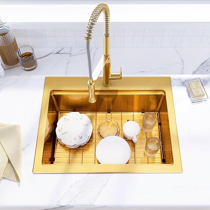 Gold Drop In Kitchen Sink, 28 Inch 16 Gauge Stainless Steel Gold Sink, Topmount Workstation Sink, Single Bowl Kitchen Sink With Full Accessories, 28"x22"x9" Drop In Sink