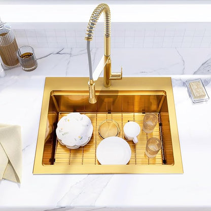 Gold Drop In Kitchen Sink, 28 Inch 16 Gauge Stainless Steel Gold Sink, Topmount Workstation Sink, Single Bowl Kitchen Sink With Full Accessories, 28"x22"x9" Drop In Sink
