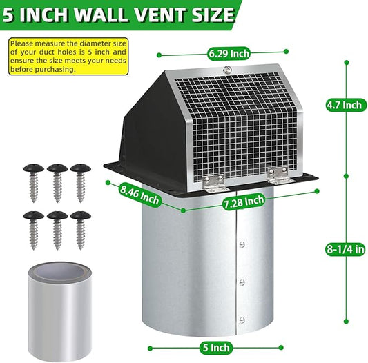 5 Inch Hooded Wall Vent with Screen and Damper,5"Exhaust Vent Dryer Vent Cover Outside,5" Vent Cover Exterior Wall Vent Cap for Kitchen Range Hood Vent Dryer Air Vent Bathroom Exhaust,Galvanized Steel