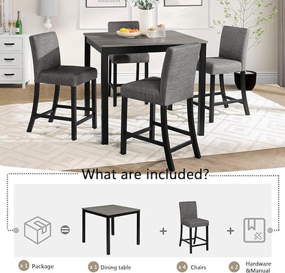 5-Piece Counter Height Dining Table Set for 4, Wooden Kitchen Table and Chairs Set of 4, Square Dining Room Table with Upholstered Seats for Kitchen and Dining, Light Grey & Black Two Tone