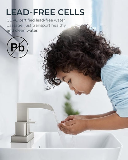 FORIOUS Brushed Nickel Bathroom Faucets for 2 Hole or 3 Hole, Waterfall 4 Inch Centerset Bathroom Sink Faucet with Metal Pop-up Drain and Supply Lines, Two Handles for Vanity, 2 Pack