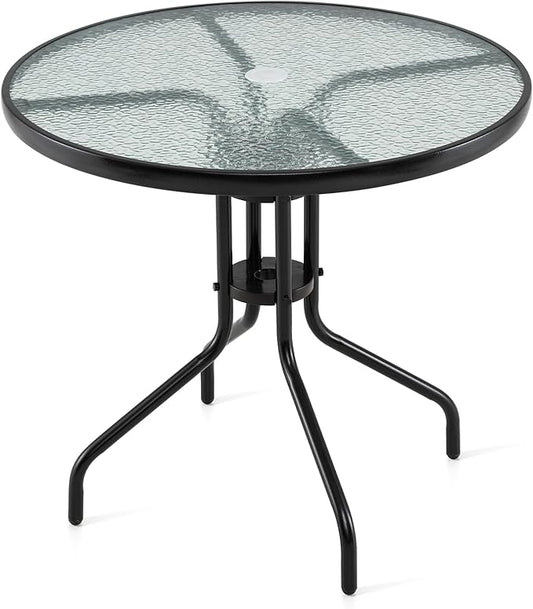 Giantex 31.5" Outdoor Bistro Table, Patio Round Dining Table w/Tempered Glass Tabletop & 2" Umbrella Hole, Heavy-Duty Metal Frame for Garden Yard Poolside Porch (31.5"x31.5"x28.5")