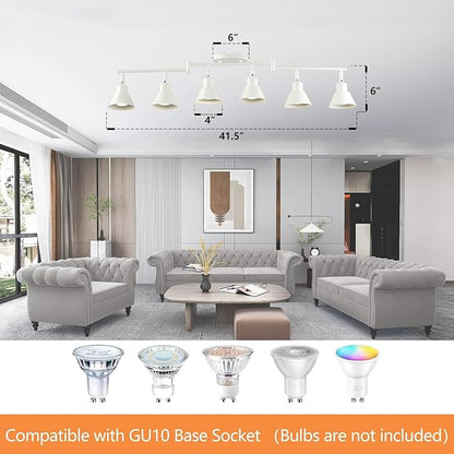 Modern 6-Light Track Lighting Fixture, Matte White Metal Ceiling Spotlight with Flexible Rotatable Heads, GU10 Base Directional Track Light for Kitchen, Hallway, Living Room & Gallery