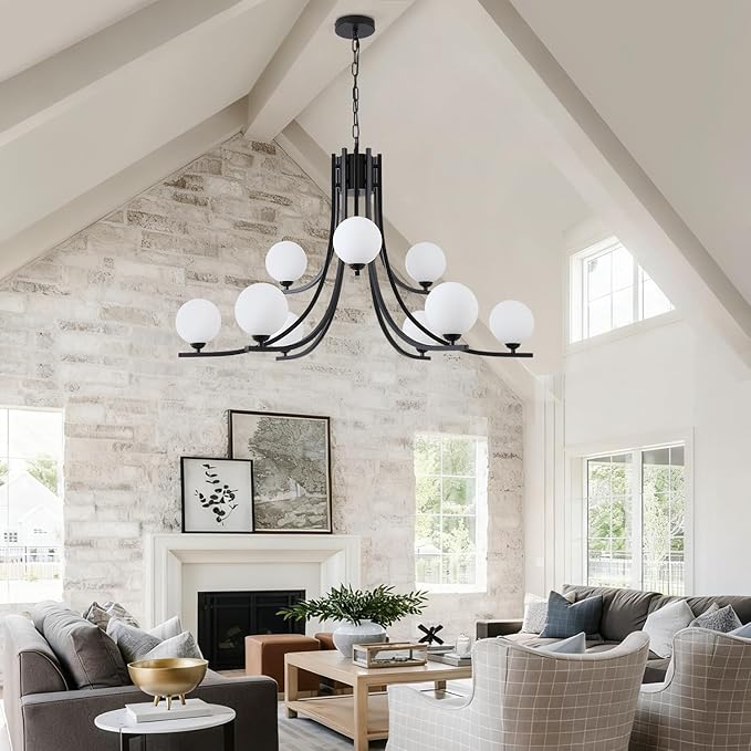 Black Farmhouse Chandelier Modern Sputnik Chandelier for Dining Room Mid Century Chandelier Dining Room Light Fixtures with Withe Glass Globe Shades for Foyer Living Room Kitchen Island