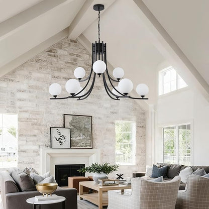 Black Farmhouse Chandelier Modern Sputnik Chandelier for Dining Room Mid Century Chandelier Dining Room Light Fixtures with Withe Glass Globe Shades for Foyer Living Room Kitchen Island