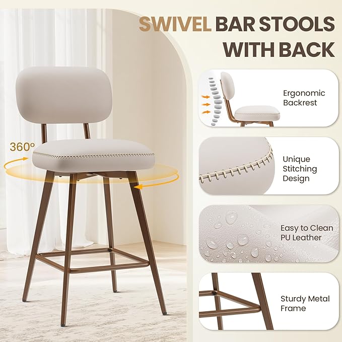 MALOL 26“ Swivel Bar Stools Set of 4, Mid Century PU Leather Counter Height Bar Chairs with Low Back and Metal Legs, Modern Bar Stool Chair for Kitchen Island, Beige