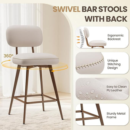 MALOL 26“ Swivel Bar Stools Set of 6, Mid Century PU Leather Counter Height Bar Chairs with Low Back and Metal Legs, Modern Bar Stool Chair for Kitchen Island, Beige