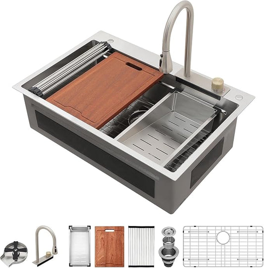 Lordear 33x22 Drop in Kitchen Sink Waterfall 33 Inch Smart Workstation Stainless Steel T304 16 Gauge Single Bowl Sink With 7 Pieces Accessories