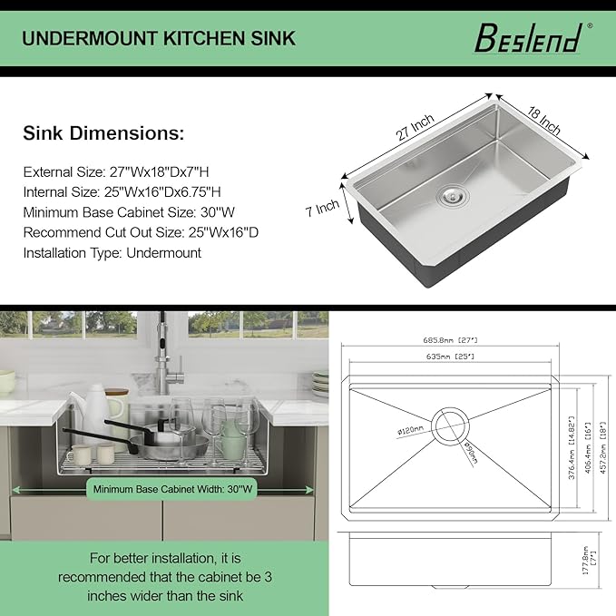 27 Inch Undermount Kitchen Sink - Beslend ADA 7 Inch Depth 27x18 Undermount Worksation Sinks Under Counter Stainless Steel 16 Gauge Mobility Friendly Sink for Wheelchair Accessible Kitchen