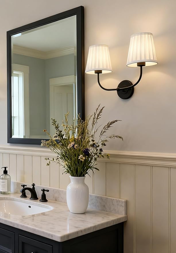 PERMO Vintage Sconce Black 2-Lights Wall Sconces with Pleated White Stripe Fabric Shades Retro Bathroom sconces Hardwired Double Sconce for Farmhouse Bedroom Hallway