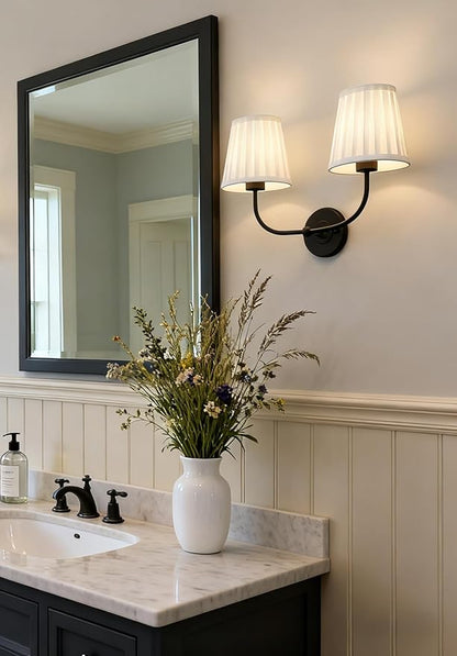 PERMO Vintage Sconce Black 2-Lights Wall Sconces with Pleated White Stripe Fabric Shades Retro Bathroom sconces Hardwired Double Sconce for Farmhouse Bedroom Hallway