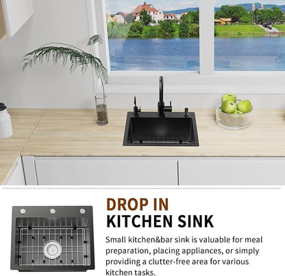 Black 19.7x15.7 Inch Kitchen And Bar Sink - Stainless Steel Drop In Small Single Bowl Kitchen Sink Come With Bottom Grid, Colander And Drain Assembly Set Ideal Choice For Small Spaces Kitchen&Bar