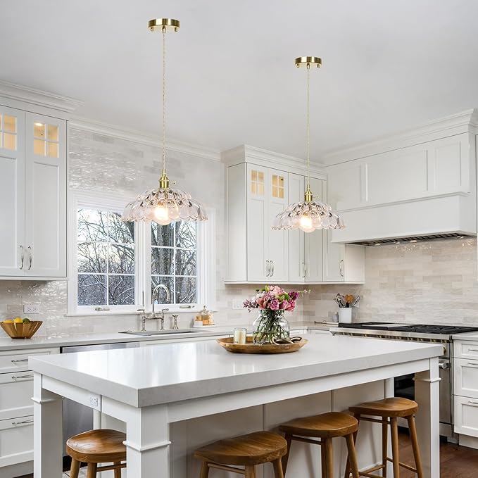 Glass Pendant Light Vintage Light Fixtures, Clear Glass Pendant Lights Kitchen Island, Hanging Pendant Lights with Brass Gold Metal for Dining Room Bedroom Foyer Entryway Hallway