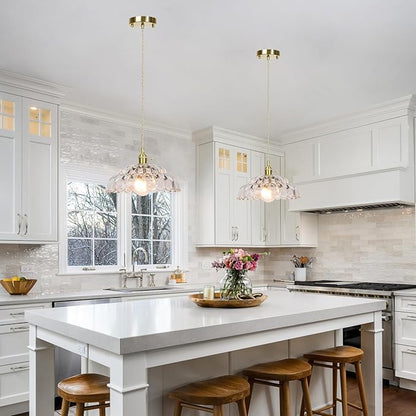 Glass Pendant Light Vintage Light Fixtures, Clear Glass Pendant Lights Kitchen Island, Hanging Pendant Lights with Brass Gold Metal for Dining Room Bedroom Foyer Entryway Hallway