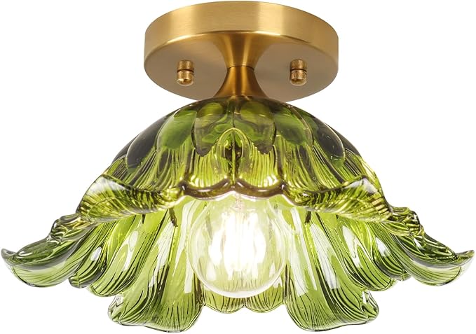 Semi Flush Mount Ceiling Light, Vintage Ceiling Light E26 Base, Green Shade Glass Hallway Light Fixture for Kitchen Porch Bedroom,Bulb Included