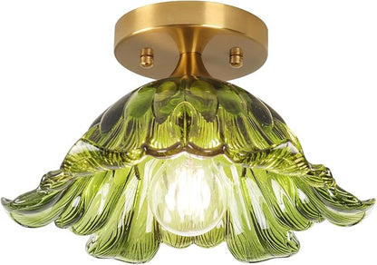 Semi Flush Mount Ceiling Light, Vintage Ceiling Light E26 Base, Green Shade Glass Hallway Light Fixture for Kitchen Porch Bedroom,Bulb Included