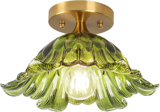 Semi Flush Mount Ceiling Light, Vintage Ceiling Light E26 Base, Green Shade Glass Hallway Light Fixture for Kitchen Porch Bedroom,Bulb Included