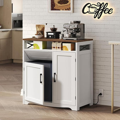 YATINEY Trash Can Cabinet with Power Outlet, 10-Gallon Hidden Kitchen Garbage Bin Cabinet with Adjustable Shelf, Wooden Recycling Cabinet for Kitchen, Dining Living Room, White and Walnut WB04UWH