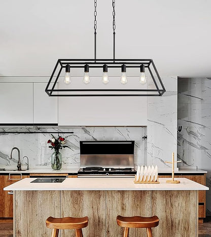 Black 5-Light Farmhouse Kitchen Island Lighting, Modern Industrial Linear Rectangle Chandelier Pendant Light Fixtures, Metal Vintage Cage Chandelier for Dining Room Kitchen Bar Foyer, E26 Base