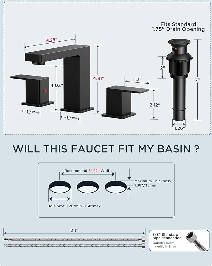 FORIOUS Black Bathroom Faucet 3 Hole, Matte Black Bathroom Sink Faucet 8 Inch Widespread, 2 Handle for Restroom Sink with Pop Up Drain, CUPC Supply Hose and Spare Water Saving Aerator, Vanity 3 Holes