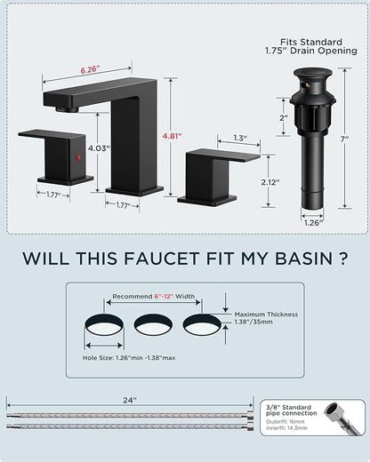 FORIOUS 8 Inch Widespread Black and Gold Bathroom Faucet Square, 2 Handle 6 Inch Matte Black Faucets for Bathroom Sink 3 Hole 8-10 Inch Vanity Sink, with Pop-up Drain, Hot and Cold Water Hoses