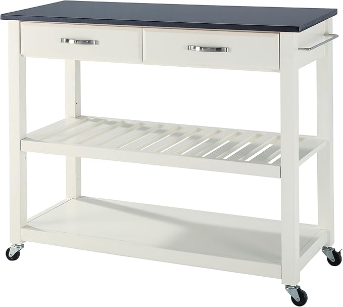 Crosley Furniture Granite Top Kitchen Prep Rolling Cart, Microwave Stand, Coffee Bar, with Shelves, White