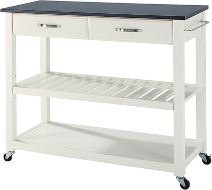Crosley Furniture Granite Top Kitchen Prep Rolling Cart, Microwave Stand, Coffee Bar, with Shelves, White