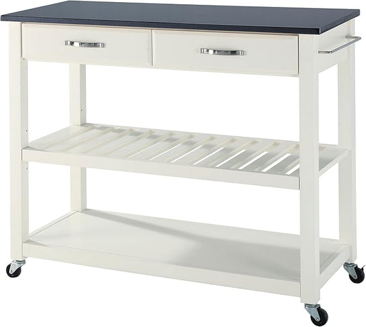 Crosley Furniture Granite Top Kitchen Prep Rolling Cart, Microwave Stand, Coffee Bar, with Shelves, White