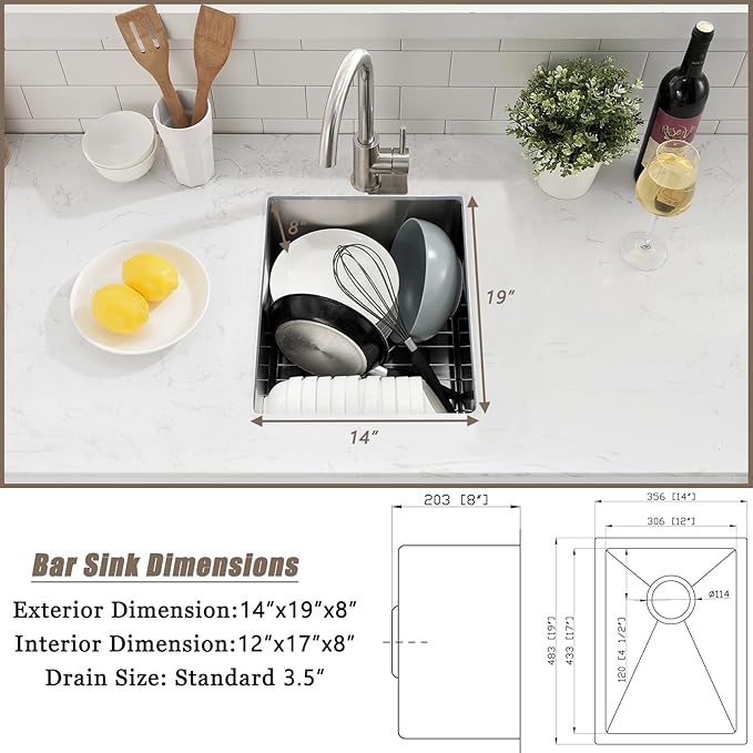 14 Inch Bar Sink Undermount,14x19 Undermount Bar Sink Stainless Steel Small Kitchen Sink 18 Gauge Single Bowl Kitchen Prep Sinks with Basket Strainer