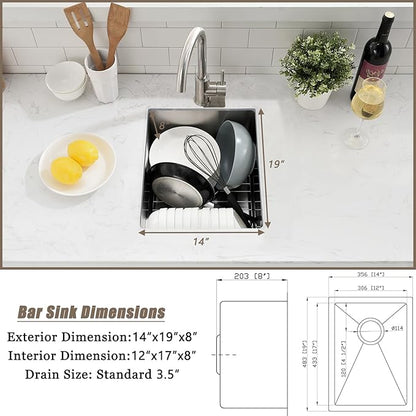 14 Inch Bar Sink Undermount,14x19 Undermount Bar Sink Stainless Steel Small Kitchen Sink 18 Gauge Single Bowl Kitchen Prep Sinks with Basket Strainer
