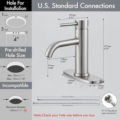 Brushed Nickel Bathroom Faucet, WINKEAR Single Hole Bathroom Faucet with Pop-up Drain and Flexible Hoses, Single Handle for Sink, Vanity, RV, Modern Farmhouse