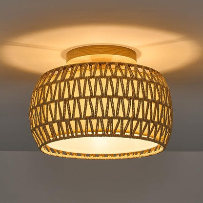Boho Rattan Flush Mount Ceiling Lights 12 Inch Farmhouse Ceiling Light Fixtures Rustic Wicker Hand Woven Rope Cage for Dining Room Kitchen Bedroom Foyer Hallway Entryway