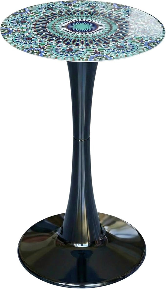 Simmer Stone 13.4" Outdoor Side Table, Round Patio Bistro Table Printed Tempered Glass Top, Waterproof Rust-Proof Base, Small Plant Stand for Balcony, Garden, Deck, 21.6" H (Blue Morocco)
