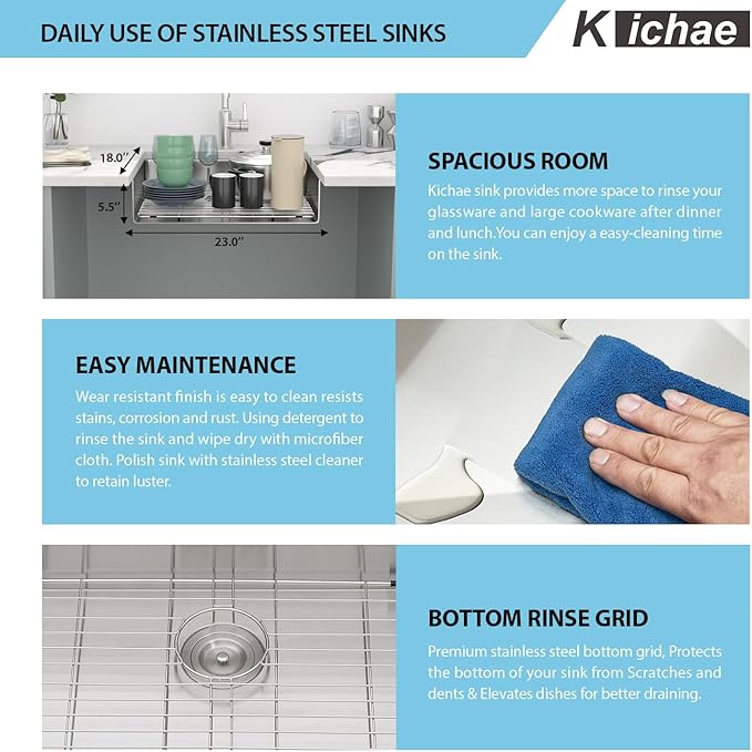Kichae 23 Inch Undermount Kitchen Sink - Stainless Steel Sinks 16 Gauge Single Bowl 5" Small Shallow Kitchen Sink Round Corner Handmade Basin