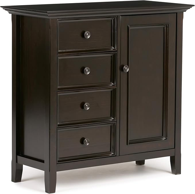 SIMPLIHOME Amherst 37-inch Wide Solid Wood Transitional-Style Storage Cabinet in Hickory Brown, Cabinet with 4 Drawers and Adjustable Shelves for Living Room or Entryway