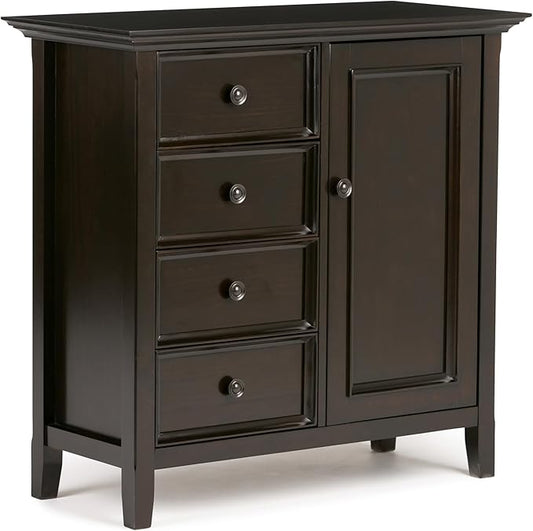 SIMPLIHOME Amherst 37-inch Wide Solid Wood Transitional-Style Storage Cabinet in Hickory Brown, Cabinet with 4 Drawers and Adjustable Shelves for Living Room or Entryway