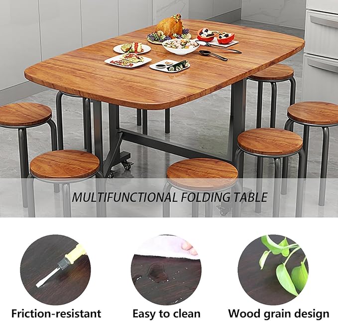 Multifunction Table Drop Leaf Dining Table 47.2×27.6/31.5×29.5in Wooden Foldable Kitchen Table with 6 Wheels (Brown) Folding Kitchen Table with Solid Wood Legs, Farmhouse Extendable Table for 8 People