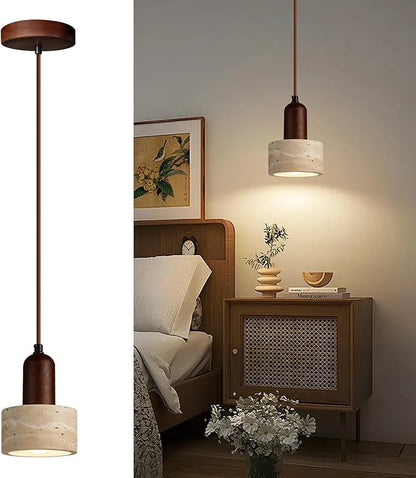 Japanese Wabi sabi Pendant Light with Natural Stone Shade, Dimmable Modern Wood Hanging Lamp Fixture, Adjustable Height Pendant Lamp for Bedroom, Kitchen Island, Dining Room, Restaurant, Cafe, Bar (A)