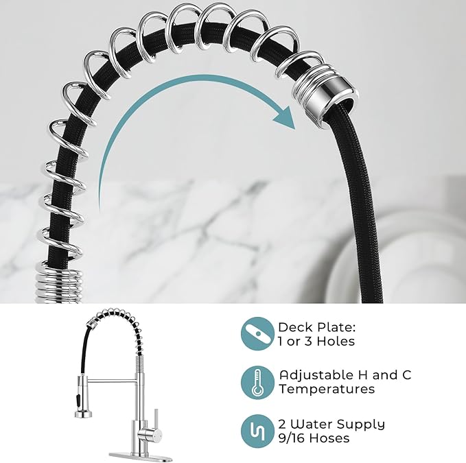 Kitchen Faucet with Pull Down Sprayer,Commercial Single Handle Stainless Steel Kitchen Faucets with Deck Plate (Chrome)