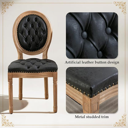 SoarFlash French Dining Chairs Set of 2, Vantage Dining Chair with Round Back, Wood Leg Farmhouse Country PU Leather Dining Chair for Kitchen,Bedroom,Black