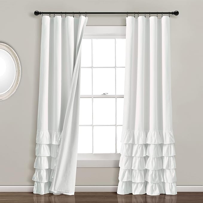 Lush Decor Allison Ruffle 100% Blackout Window Curtain Single 40" W x 84" L White - White Blackout Curtains for Bedroom or Nursery - Coquette Curtains